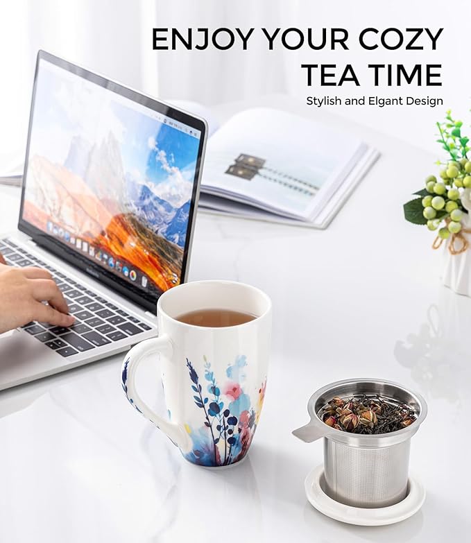 AmorArc Porcelain Tea Mug with Infuser and Lid, 18 Oz Tea Cup with Handle for Loose Leaf Tea, Gift for Tea Lovers of Men and Women