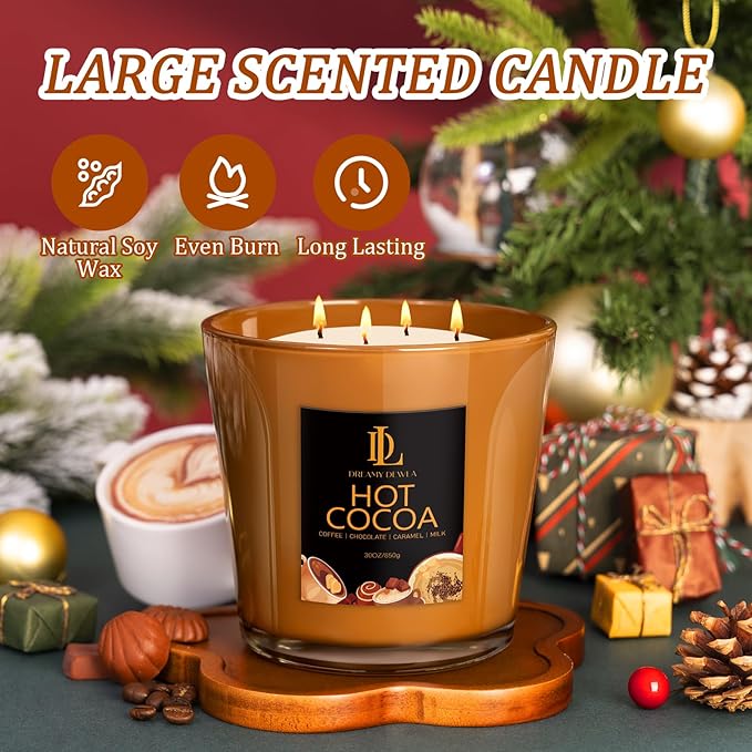 Large Christmas Candle Hot Cocoa Scented, 4 Wick Natural Soy Candles for Home Scented, 30oz Big Holiday Candle Long Lasting, Home Kitchen Scent Candles Christmas Gifts for Women Men