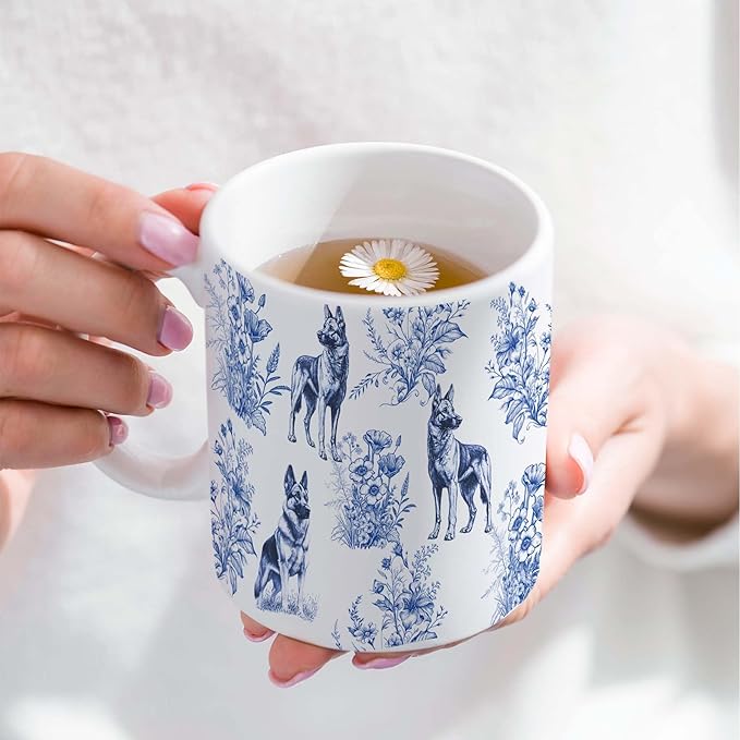 German Shepherd Blue French Toile Coffee Mug, German Shepherd Lover Gifts for Women, Blue Toile Mug Cup for Dog Mom, Dogs Lovers Tea Coffee Drinkware Birthday Gifts for Dog Owners, 11 oz