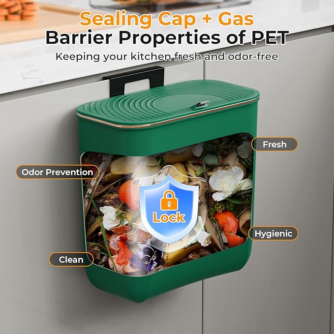 2.4 Gallon Hanging Trash Can - Small Under Sink Trash Can with Lid, Wall Mounted Compost Bin for Kitchen Cupboard Countertop, Odor-Control, Extended Clamping Ring, PET Material, Green