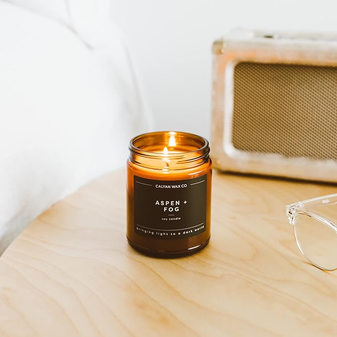 Calyan Wax Co. Aspen & Fog Scented Candle - 57 Hour Burn - Luxury Non Toxic Soy Wax Candles - Long Lasting Amber Glass Jar Candle for Home - 7.2oz
