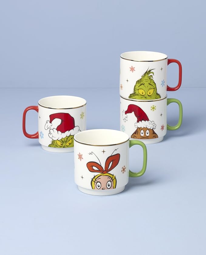 Lenox 898097 Merry Grinchmas Stackable Mugs, Service For 4, Assorted, Christmas, Drinkware Set, Holiday Glasses