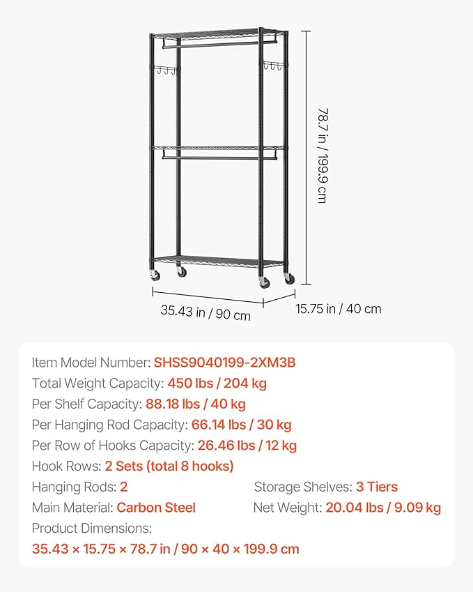 VEVOR Clothing Garment Rack, Heavy Duty Closet Wardrobe, Adjustable Tiers Clothes Racks with Steel Frame, for Bedroom, Clothing Store, Hallway