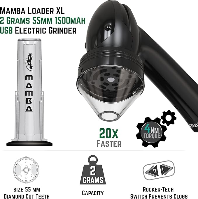 Mamba Loader XL 2g Black USB Electric Herb Grinder. Small Portable Metal Herbal Machine & Spice Mill for the Kitchen