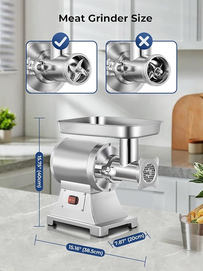 Commercial Meat Grinder, 1100W Electric Meat Grinder Heavy Duty, 330LBS/H Meat Mincer with 2 Blades, 2 Cutting Plates, Sausage Tube, Stainless Steel Hopper Plate for Kitchen Restaurant Butcher Store