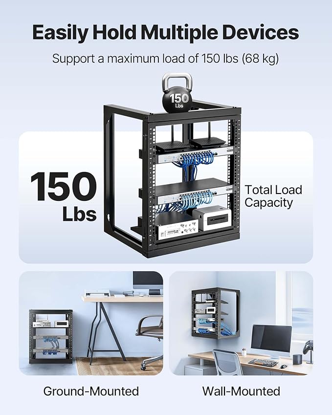 VEVOR 12U Open Frame Server Rack, Free Standing or Wall Mount Rack with 180 Degrees Gate Swing, Network Rack for 19" IT Equipment & A/V Devices