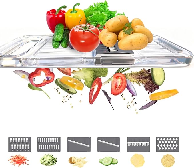 Mandoline Slicer for Kitchen, 6-in-1 Vegetable Cutter with Safe Hand Guard, One-Piece Transparent Body, Easy-Clean Design & Compact Storage for Salad Prep, Chips, Fruits & Daily Cooking