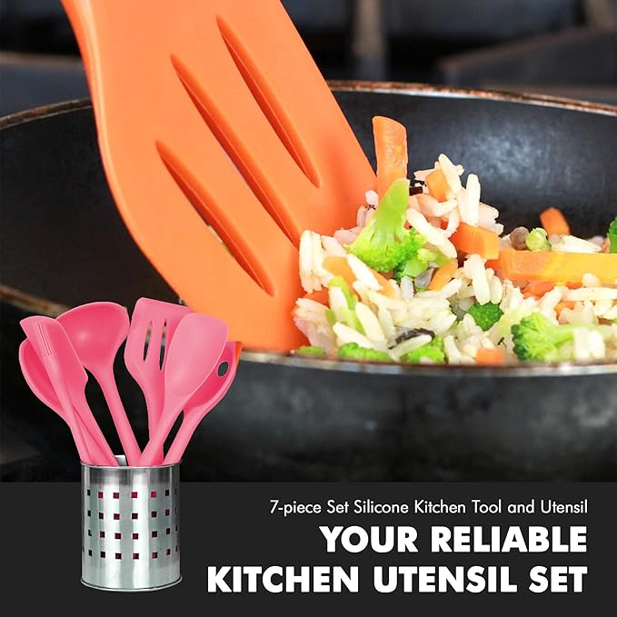 Chef Craft - Premium Silicone Kitchen Tools and Utensils Set, Non-Scratch, Withstands Temperatures up to 450°F, BPA-Free, 7 Piece Cooking Utensils Set, Pink