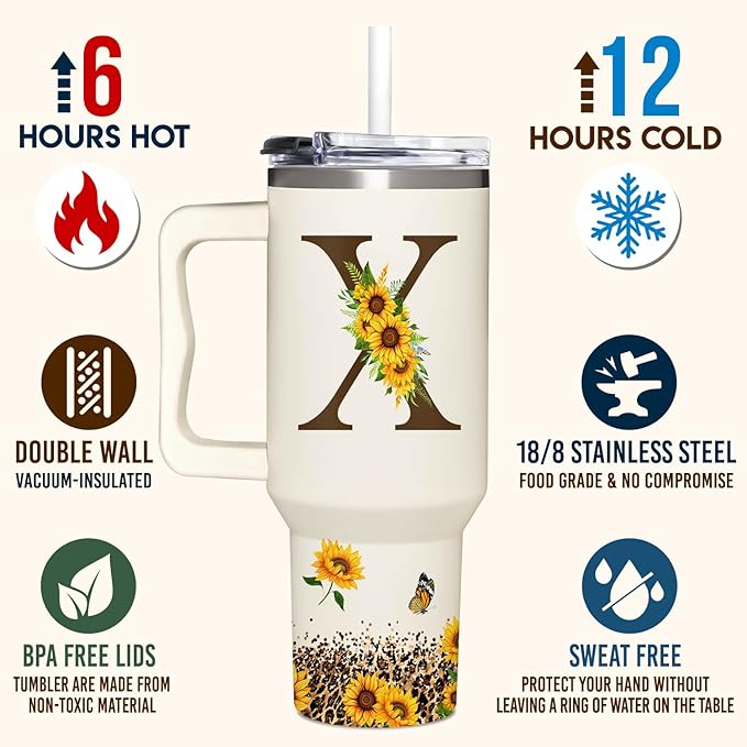 Personalized Birthday Gifts For Women - Sunflowers Monogrammed Cup For Boss Day, Christmas - Customized Gifts For Women, Mom, Wife, Coworkers, Boss Lady, Her - Custom Tumbler With Handle 40oz
