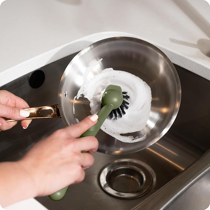 Earth & Mango Magnetic Dish Brush – Dish Scrubber with Built-in Scraper – Snaps to Sink, Dries Fast, Declutters Your Counter (Moss Green)