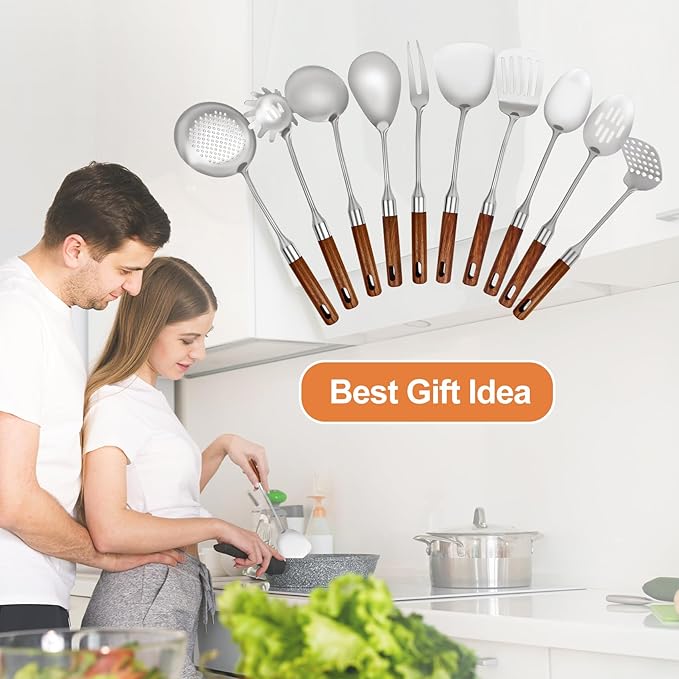 Stainless Steel Kitchen Utensils Set with Wood Handle,10PCS Metal Cooking Utensils Set, Stainless Steel Cooking Utensils Sets Heat Resistant Wok Tools(12-15in)