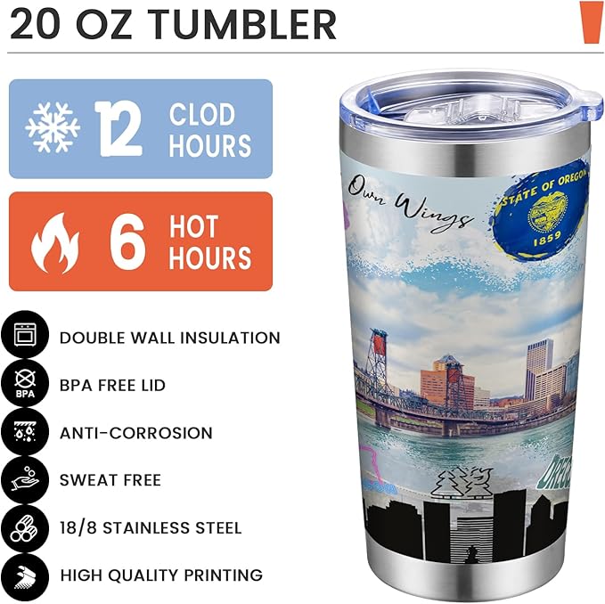 20oz Insulated Tumbler Oregon State Coffee Mug, United States Map Travel Mug Landmark, Birthday Gifts Cute Custom Tumbler Cups with Lid and Straw Gifts for Mom