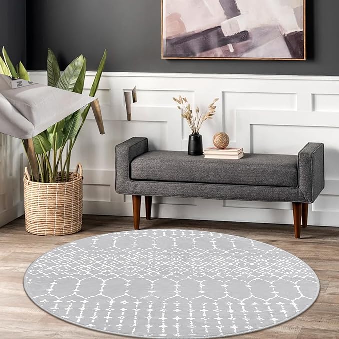 Lahome Moroccan Washable Round Rug - 4Ft Round Area Rugs for Bedroom Non-Slip Grey Stain Resistant Round Kitchen Rug, Modern Geometric Print Indoor Floor Circle Carpet for Entryway Living Room Sofa