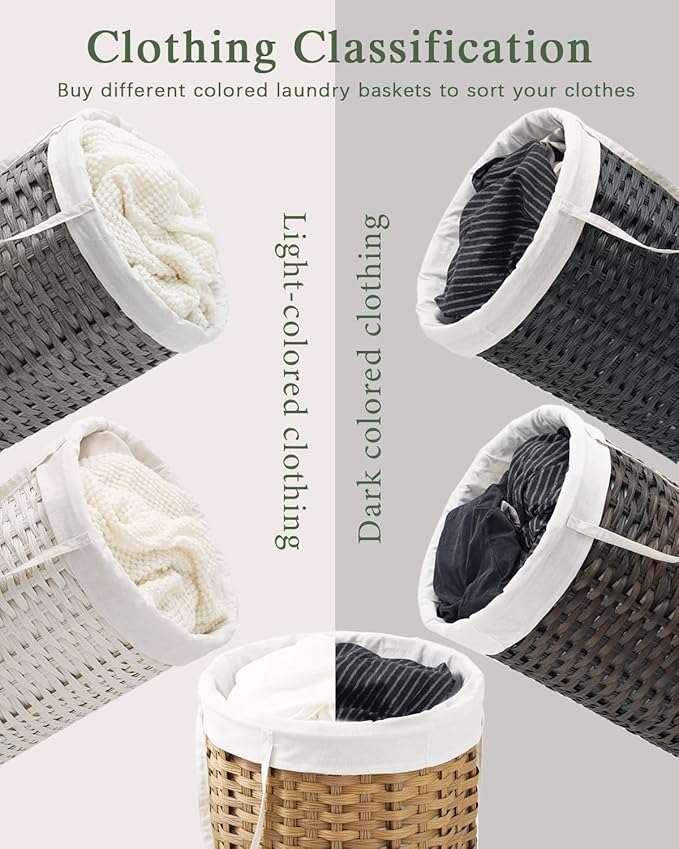 Laundry Basket with Lid Round Rattan Laundry Hamper with Lid and Handles 29.1 Gal (110 L) Handwoven Woven Basket with Removable Bags and 2 Mesh Bags for Bathroom Living Room Gray