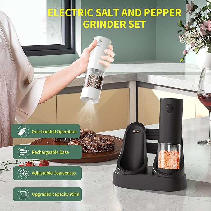 RECHARGEABLE - Electric Pepper and Salt Grinder Set, Adjustable Coarseness, With LED Light, One Hand Automatic Operation (C/Black&white)