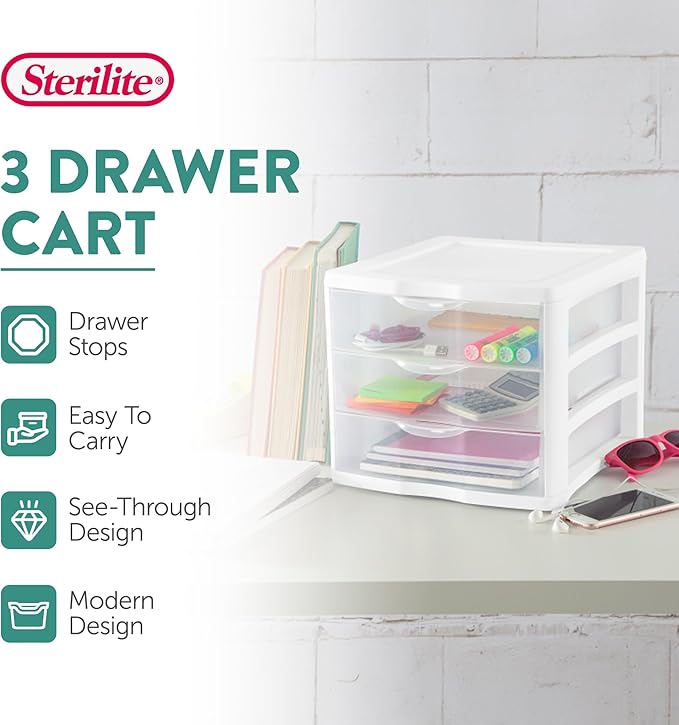 Sterilite Clearview Plastic Multipurpose Small 3 Drawer Desktop Storage Organization Unit for Home, Classrooms, or Office Spaces, White, 6 Pack