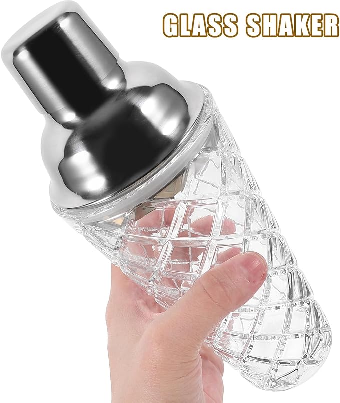 Glass Cocktail Shaker with Stainless Steel Lid Transparent Hand Shaker for Mixing Cocktails Milk Tea and Beverages Bar Tool with Stylish Pineapple Texture Cap for Home Bartenders