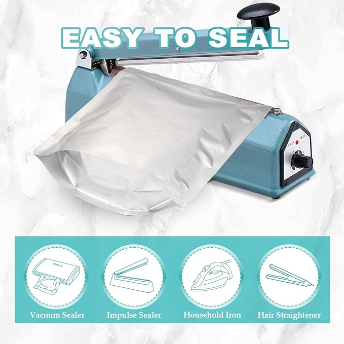 50pcs 1 Gallon Mylar Bags for Food Storage with Oxygen Absorbers 400CC (6 Packs of 10pcs) and Labels, 10 Mil 10"x14" Zipper Pouches Resealable and Heat Sealable for Long Term Food Storage (50 Bags)