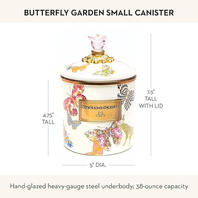 MACKENZIE-CHILDS Butterfly Garden Enamel Canister, Pretty Kitchen Storage Container with Lid, Small