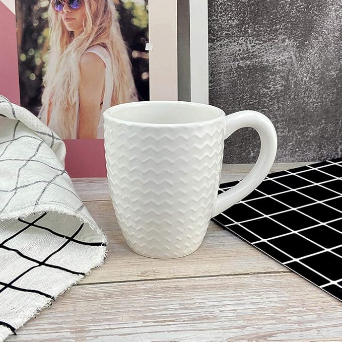Schliersee 12 OZ White Ceramic Coffee Mugs set of 6, Stylish Embossed Coffee Cups Set for Coffee, Tea, Milk, Cocoa, Cereal