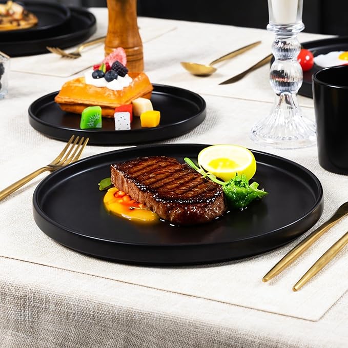 Plates and Bowls Sets for 4 - CJDC-QUELO 16 Piece Stoneware Dinnerware Sets with Mugs, Ceramic Dishware Sets for Kitchen Dining Use, Chip and Scratch Resistant Microwave Dishwasher Safe, Black