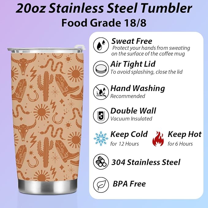 jeilink Birthday Christmas Decor Boho Western Coffee Tumbler, 20 oz Tumblers, Insulated Coffee Mug, Stainless Steel Thermal Cup Travel Coffee Cup, Cow Print Stuff Western Gifts for Women Men Coworker