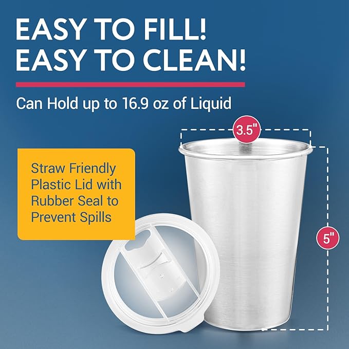 IMPRESA Smoothie Cups for Freezer - 16.9 Oz Stainless Steel Glossy Silver 6-Pack - Reusable Slide-Top Spill-Resistant Lids & Dry-Erase Friendly - Meal Prep Smoothie Storage Containers