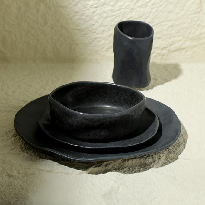 Stone by Mercer Project Atik Modern Stoneware 32-Piece Dinnerware Set, Plate and Bowl Set, Dish set for 8, Charcoal Black Speckled