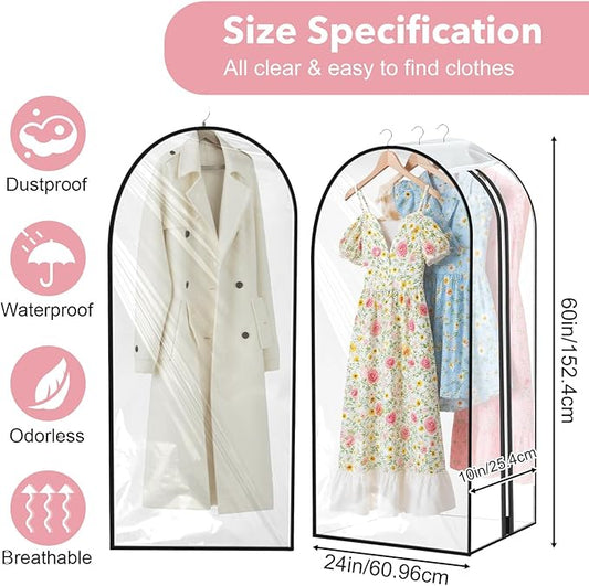5 Pack 60" Large Clear Garment Bags for Hanging Clothes Storage, 10" Gusseted Large Capacity Garment Rack Cover, Hanging Clothing Bag for Dress Gowns, Coats, Suit, Down Jacket
