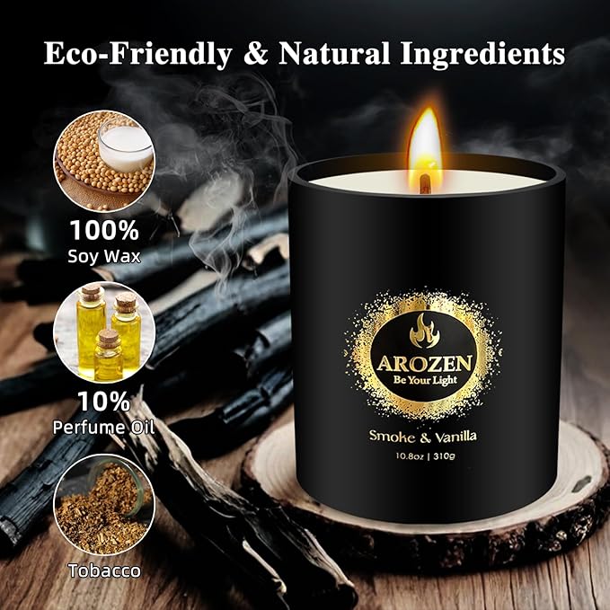 Premium Smoke & Vanilla Scented Candles | Black Large Candle for Home Scented | 70-Hour Long Lasting Soy Candle for Him, 10.8oz, Men’s Aromatherapy Candles Gifts for Men, Stress Relief Gift
