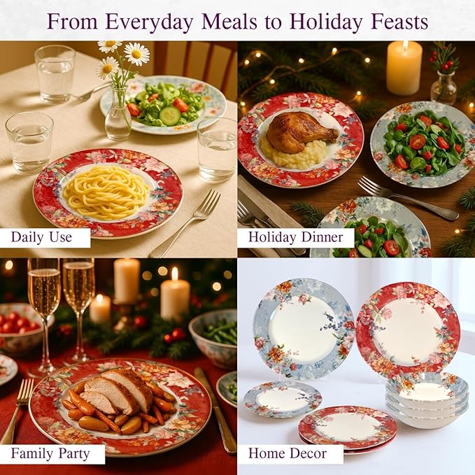 TUDOR Royal Collection 12-Piece Round Porcelain Dinnerware Set, Service for 4 with Dinner Plates, Bowls, and Salad Plates, Crimson Summer Floral Unique Design, Gloss Finish, Durable & Premium Quality