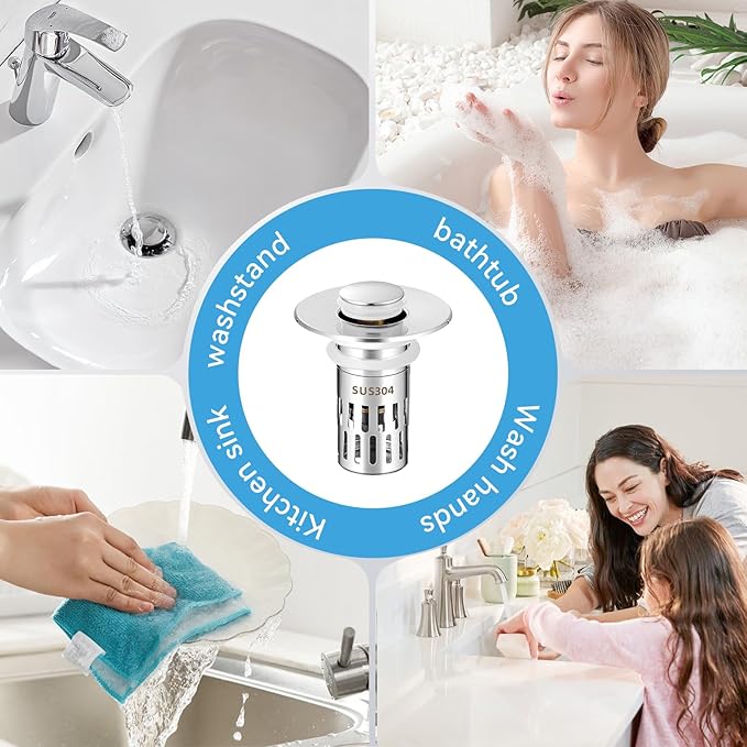 Bathroom Sink Drain Stopper, Universal Pop Up Drain for Bathroom Sink Replacement, Sink Drain Cover with Anti-Clogging Filter Basket Hair Catcher, Sink Drain Strainer for 1.1-1.45 Inch