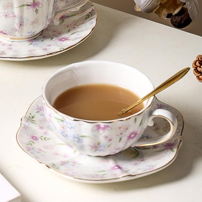 Bone China teacups,Vintage flower Pattern Espresso Teacups and Saucers,ceramic Coffee Mug Set & tea cups for women,about 7 oz(200 ml), Style01