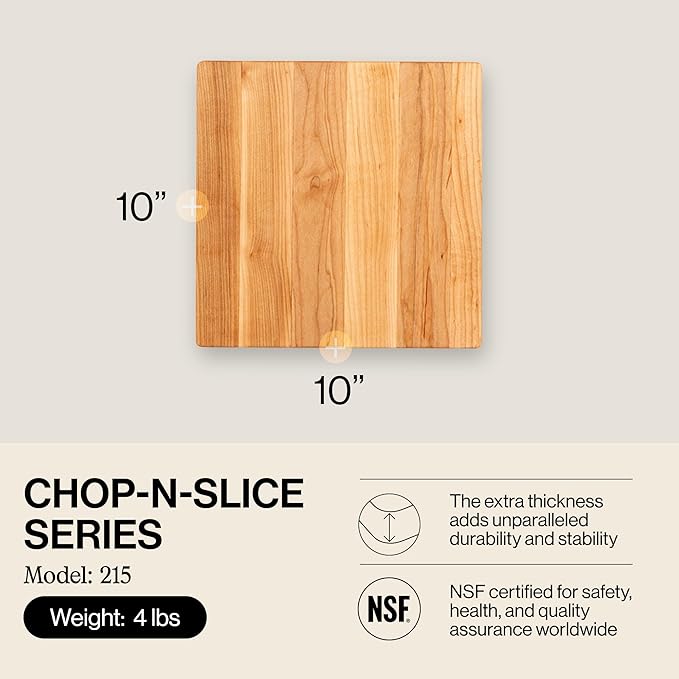 John Boos Chop-N-Slice Series Square Wooden Maple Cutting Board 10”x10” – 1” Thick, 4-lb Reversible Butcher Block with Eased Corners & Edge-Grain – Made in the USA