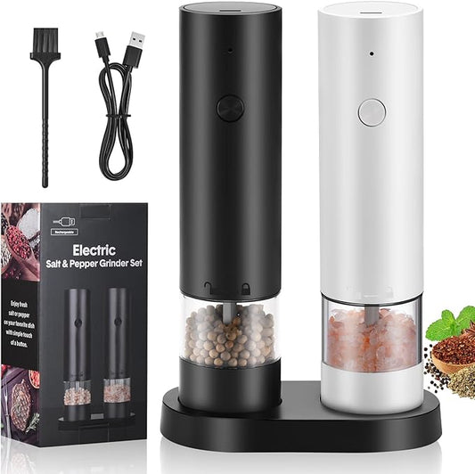 Hxro Electric Salt and Pepper Grinder Set, USB Rechargeable Kitchen Mills with Stand, Black and White, 40ml Capacity, One-Handed Operation, Adjustable Coarseness, 2-Pack