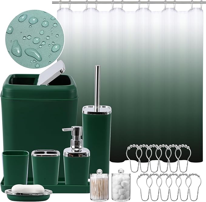 Green Bathroom Accessories, Dark Green Bathroom Set with Shower Curtain, Trash Can, Vanity Tray, Soap Dispenser, Soap Dish, Toothbrush Holder and Cup for Home Decor