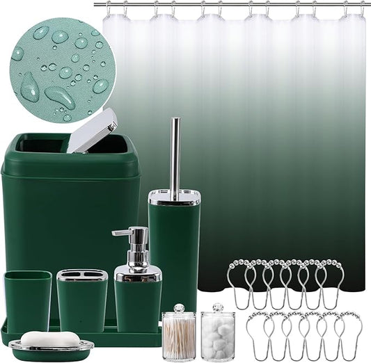Green Bathroom Accessories, Dark Green Bathroom Set with Shower Curtain, Trash Can, Vanity Tray, Soap Dispenser, Soap Dish, Toothbrush Holder and Cup for Home Decor