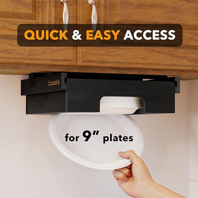SpaceAid 9-inch Paper Plate Dispenser, Under Cabinet Bamboo Plates Holder, Kitchen Counter Vertical Dipensers Holders Countertop Caddy, Black
