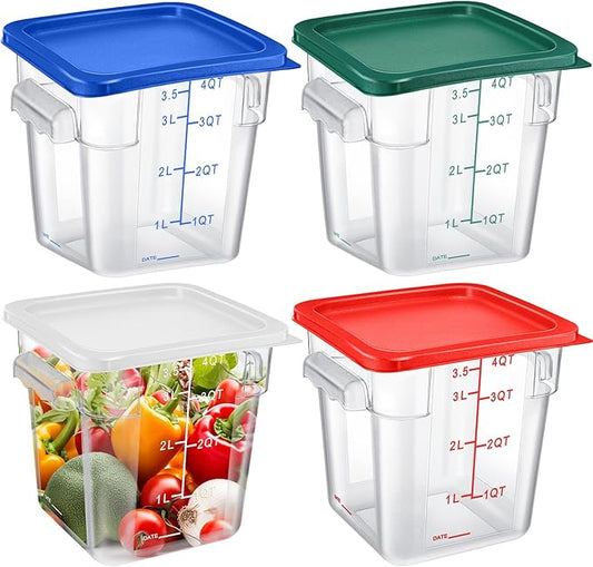 Maxcheck 4 Pcs 4qt Food Storage Container with Lids Bulk Clear Commercial Food Storage Bins with Scale Handle Space Saving Restaurant Tubs for Kitchen Prep Proof Dough Marinating Meat(Multicolor)