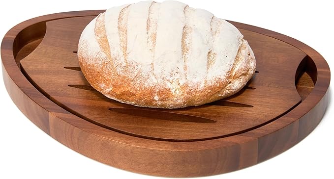 Nambe x Tom Papa Breaking Bread Cutting Board, 2-Piece Retro Style Acacia Wood Bread Board with Nesting Crumb Tray, Mid-Century Modern Serving Board for Slicing & Entertaining, 11.7” x 16”