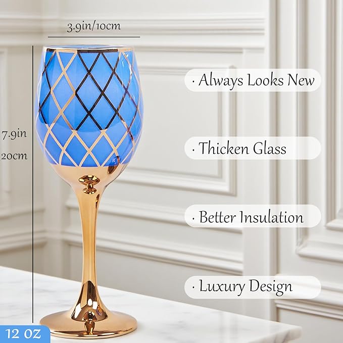 Blue and Gold Gold Wine Glasses Set of 2, Colored Long Stemmed and Rimmed Decorative Fancy Crystal Glassware, Cobalt Goblets for Gifts, Wedding, Festival, Birthday, Thanksgiving, 12oz