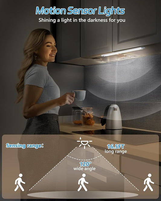 HIBOITEC LED Motion Sensor Cabinet Light 2500mAh 2 Packs Rechargeable Under Counter Closet Lighting, Wireless Night Light with 54 LEDs for Cabinet, Wardrobe, Kitchen, Hallway, Stairs
