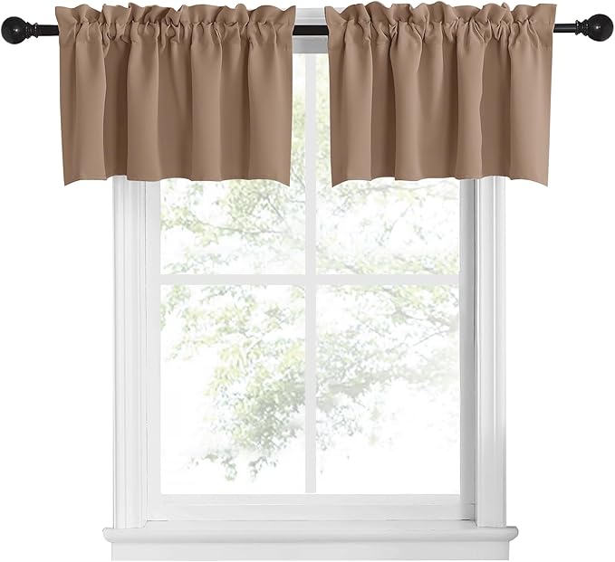 NICETOWN Kitchen Valance Curtain 18 inches Length + 1.6" Header Adjustable Small Window Curtain Valances for Cafe Rod Pocket Curtain Tiers for Kitchen Cabinet Cupboards, 2 PCs, Cappuccino, 42" Wide