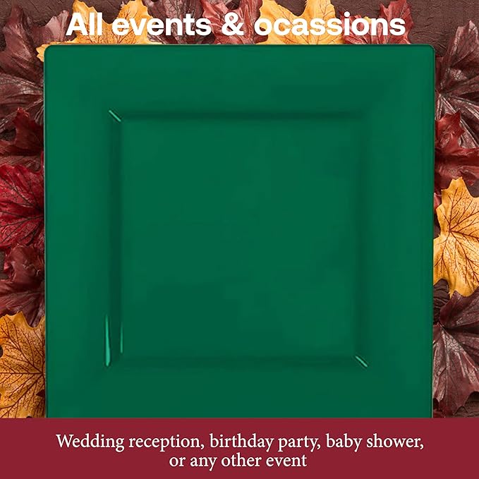 Smarty Had A Party Disposable Plastic Dinnerware, 6.5" Heavy Duty Square Hunter Green Plates for Cakes and Parties, Bulk Supplies for All Occasions (120 Count)