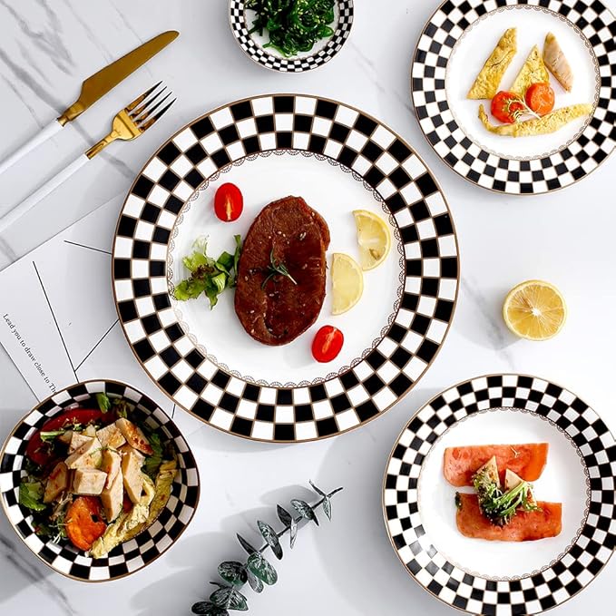 Porlien Checker Pattern 20-piece Round Dinnerware Set for 4, Porcelain Dinner Sets