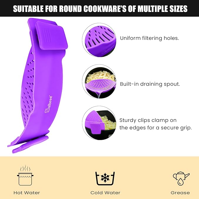 Clip On Kitchen Food Strainer for Spaghetti, Meat, Pasta, & Ground Beef Grease, Colander & Sieve Snaps or Clips Onto Bowls, Pots & Pans Includes Silicone Drainer, Brush & Garlic Peeler (Purple)