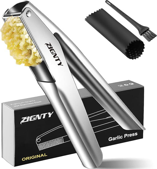 Garlic Press Stainless Steel，Premium Garlic Mincer Tool，No Need to Peel Garlic Ginger Crusher & Masher Easy Squeeze Large Trough Ergonomic Handle，Rust Proof，Dishwasher Safe (5 Years Warranty)