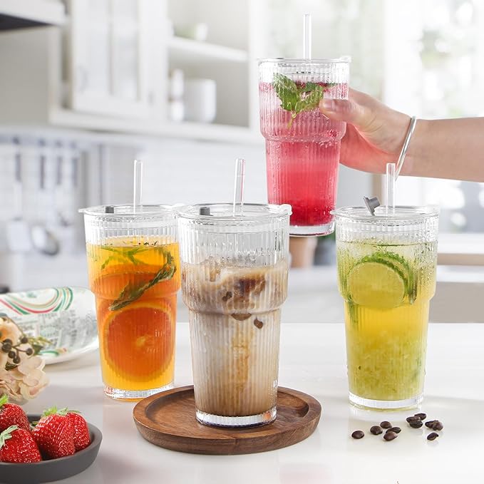 20oz Glass Cups with Lids and Straws, Premium Thick Ribbed Drinking Glass Tumbler Set for Iced Coffee, Smoothies, Cocktails, Beer and Juice, Clear, 4 Pack