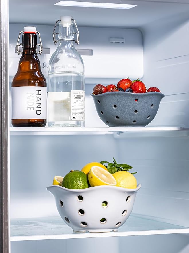 Gomakren Fruit Basket Set of 2, Ceramic Fruit Bowl Berry Basket with Holes, 7.6 Inch Fruit Containers Colander for Fridge - Farmhouse Kitchen Decor, White