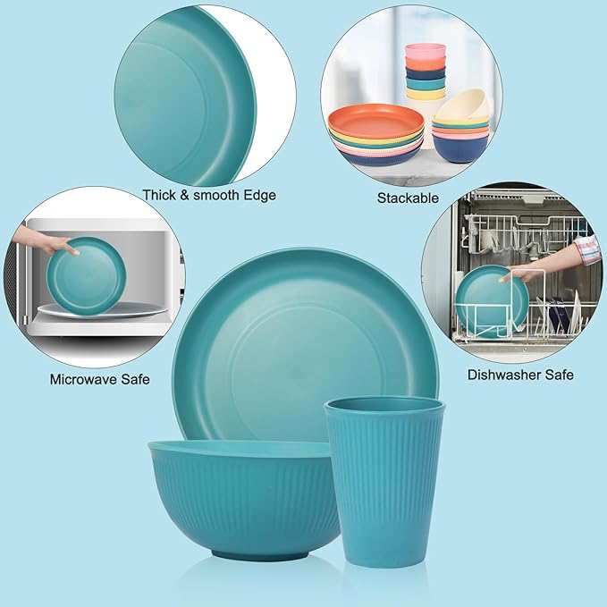 18pcs Wheat Straw Dinnerware Sets, Unbreakable dish Set Reusable Plates, Bowls, and Cups Set dishes Dishwasher Microwave Safe for Kitchen Outdoor Travel Camping (Macron Color)